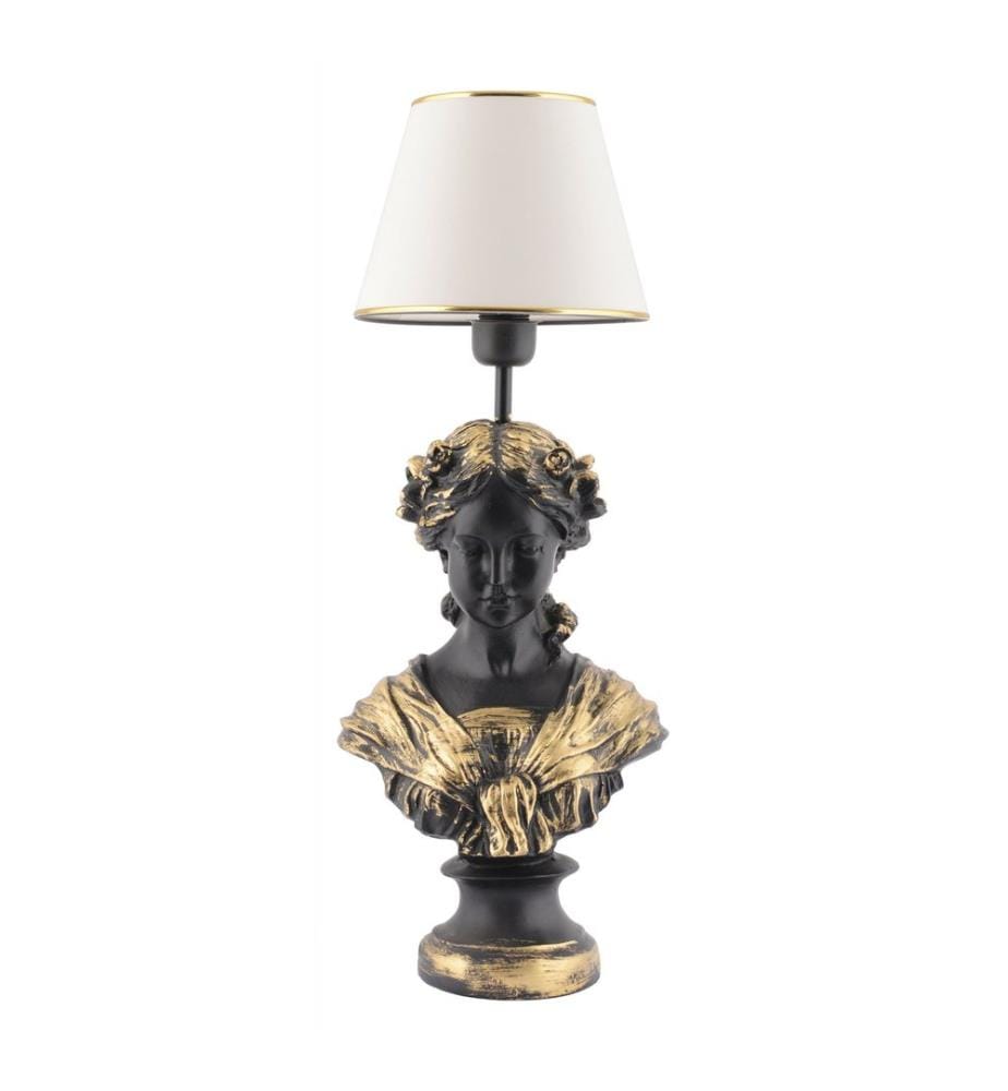 Lampe de table, blanc, noir, or, corps en polyester, capuchon en tissu