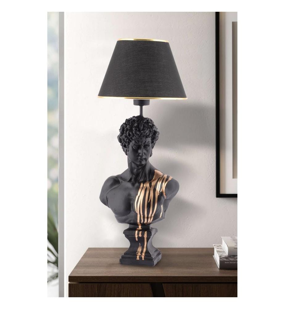 Lampe de table, noir, or, corps en polyester, capuchon en tissu