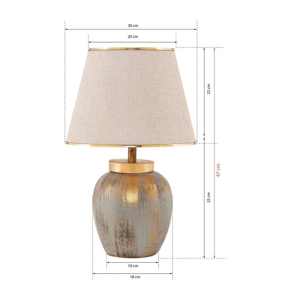 Lampe de table, crème, or, corps en métal, capuchon en tissu
