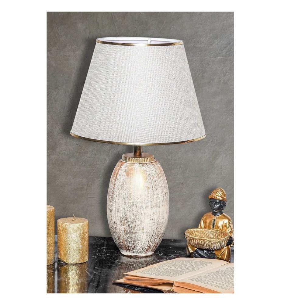 Tischleuchte, Creme, Gold, Metallgehäuse, Stoffkappe