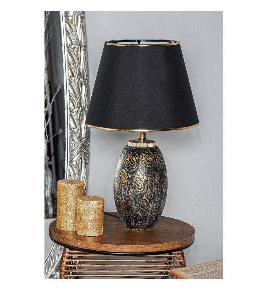 Lampe de table, or, noir, corps en métal, capuchon en tissu