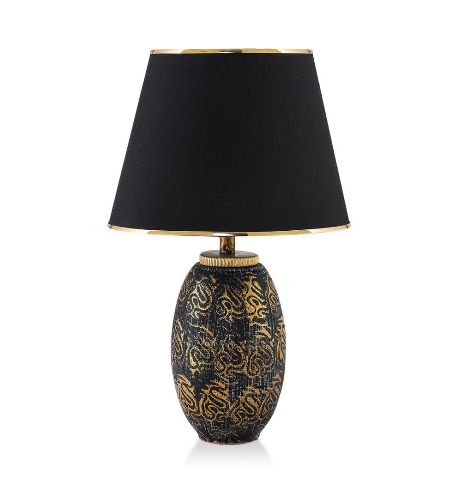 Lampe de table, or, noir, corps en métal, capuchon en tissu