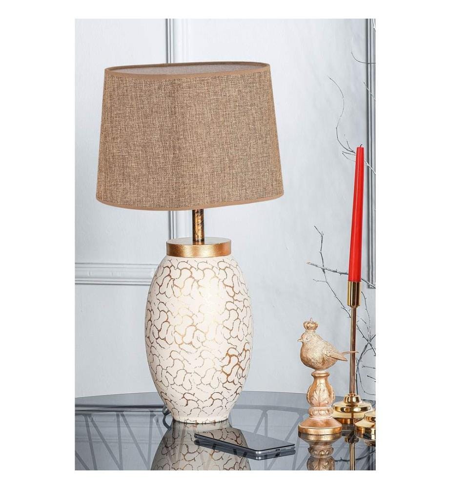 Lampe de table, crème, or, corps en métal, capuchon en tissu