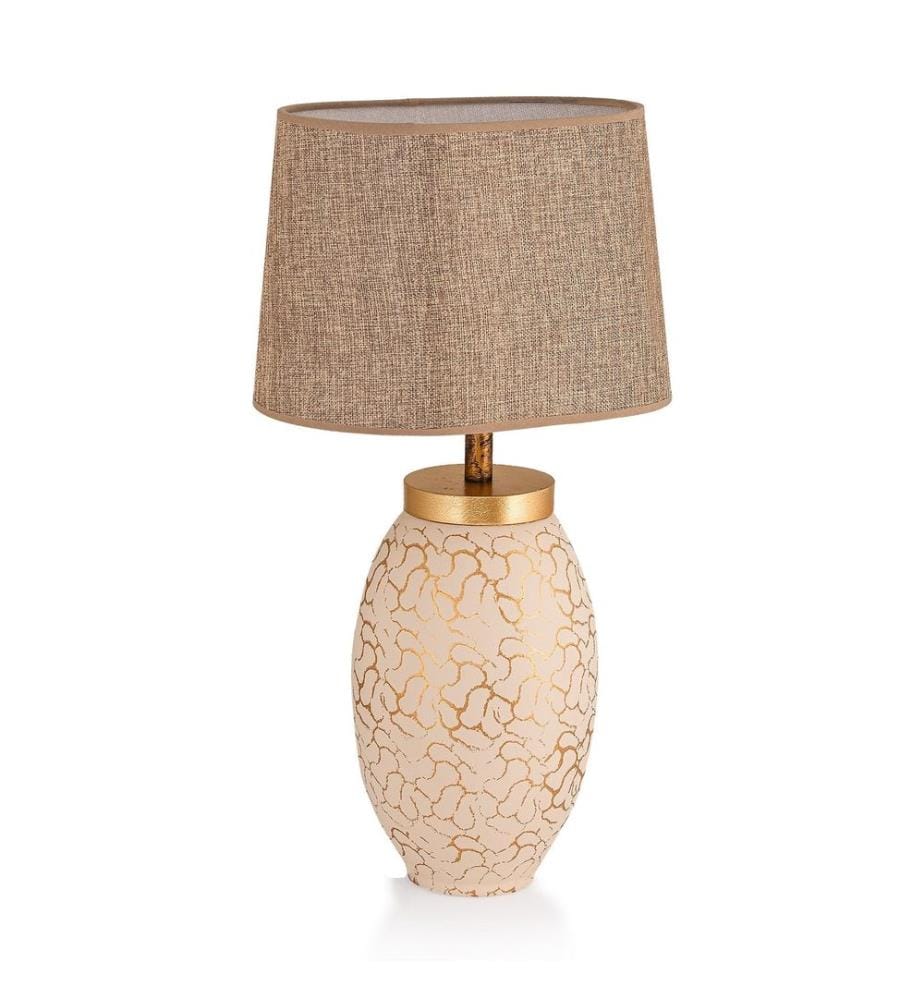 Lampe de table, crème, or, corps en métal, capuchon en tissu