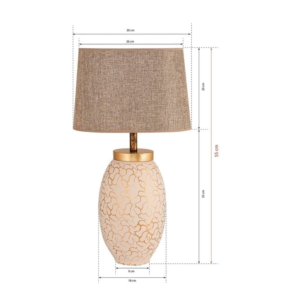 Lampe de table, crème, or, corps en métal, capuchon en tissu
