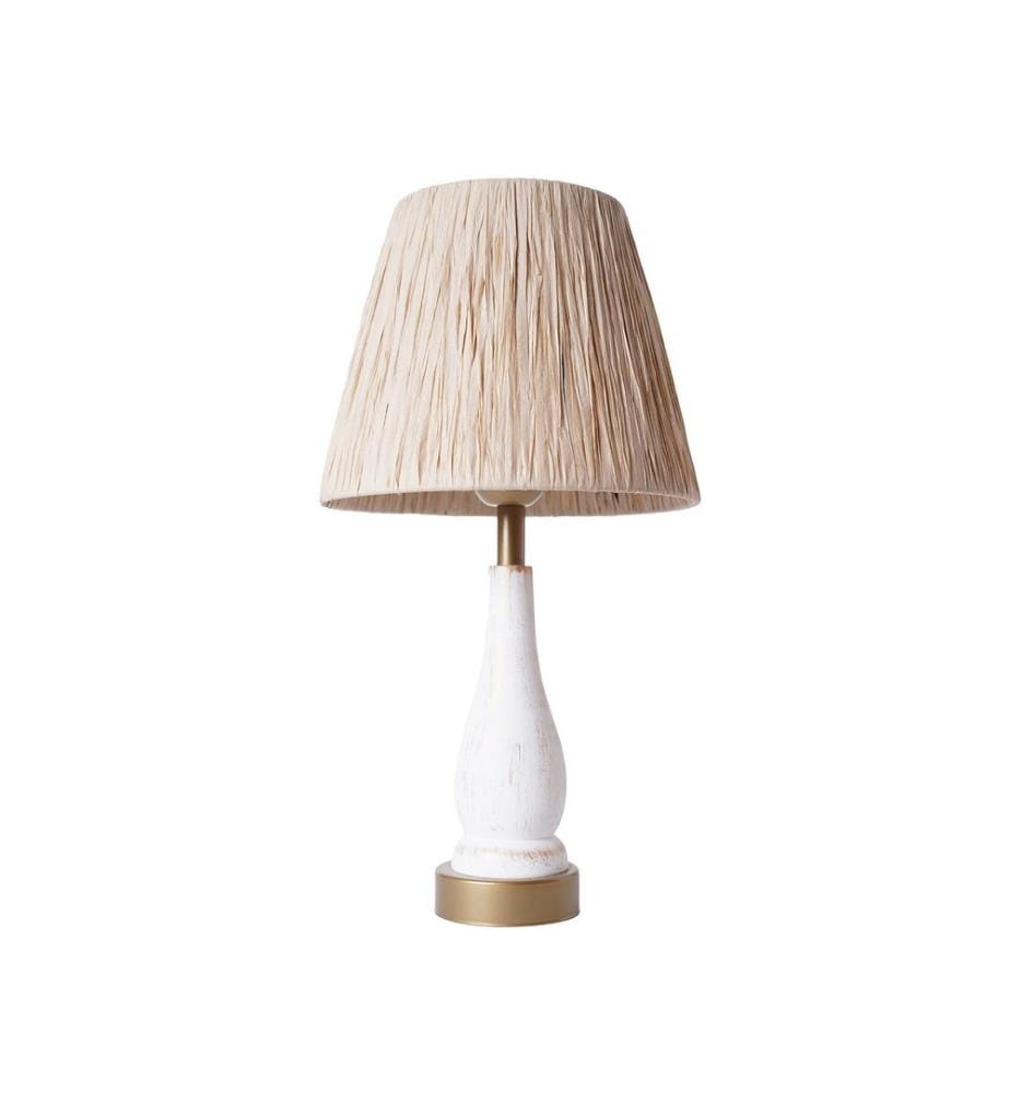 Lampe de table, blanc, corps en bois, capuchon en corde