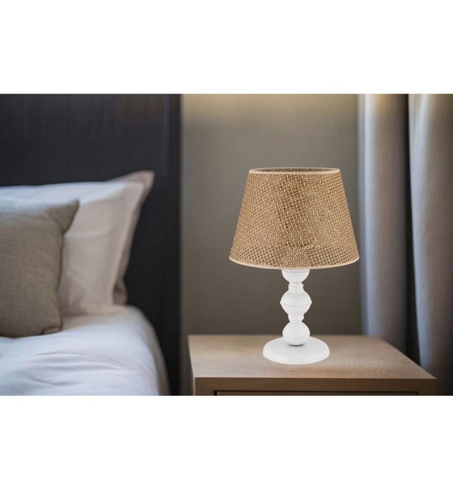 Lampe de table, pied en métal, couleur camel, blanche