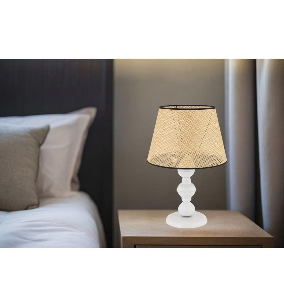 Lampe de table, pied en métal, couleur camel, blanche