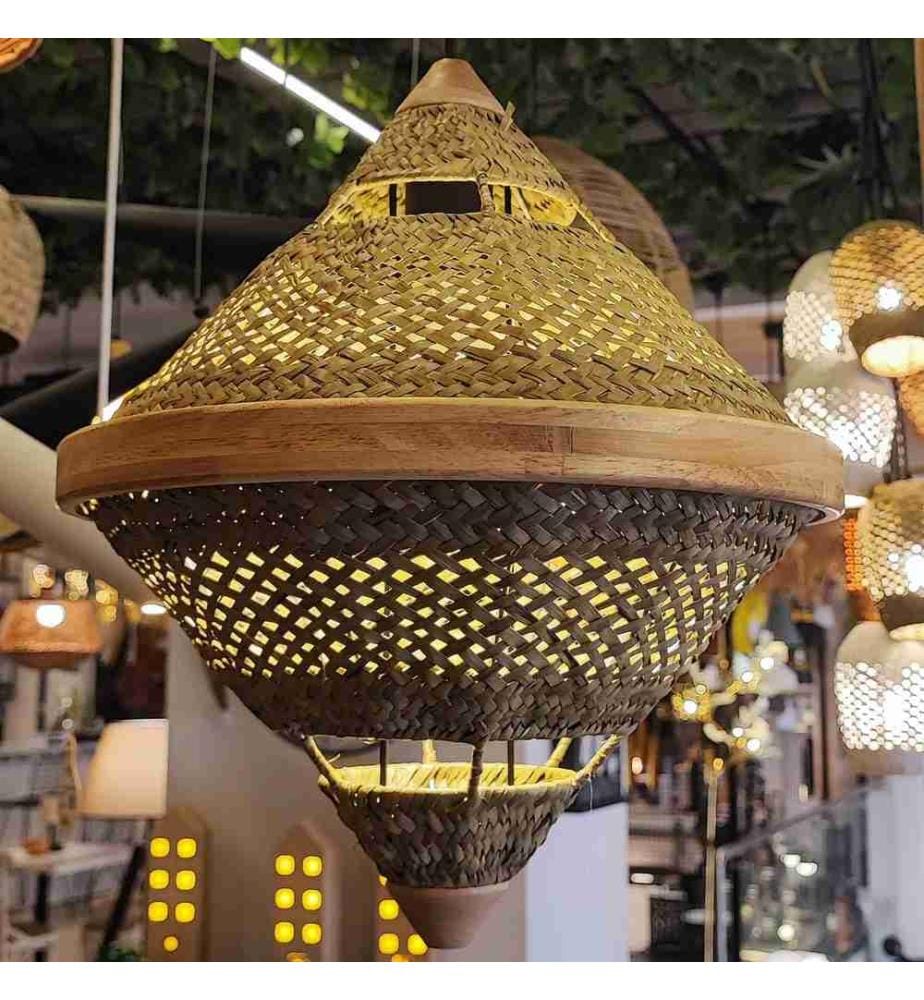 Chandelier, Oak, Plastic Body - Rattan Cap