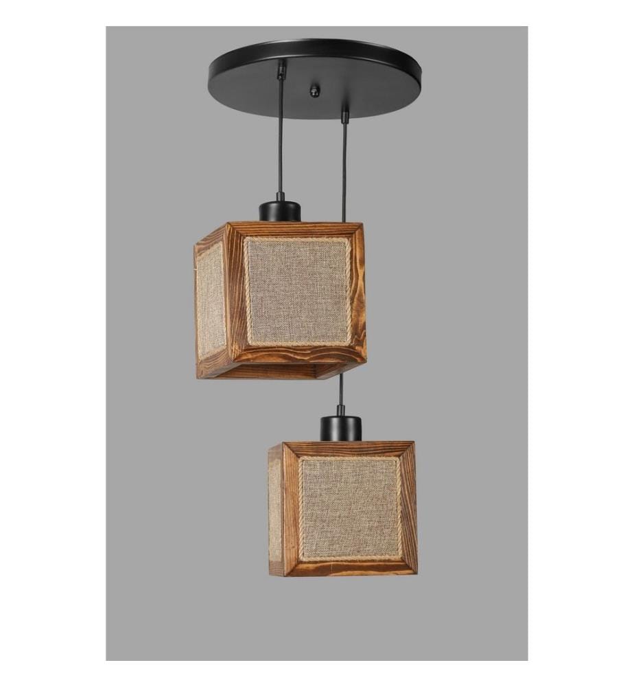 Chandelier, Walnut, Fir Wood Body, Natural Fabric Cap