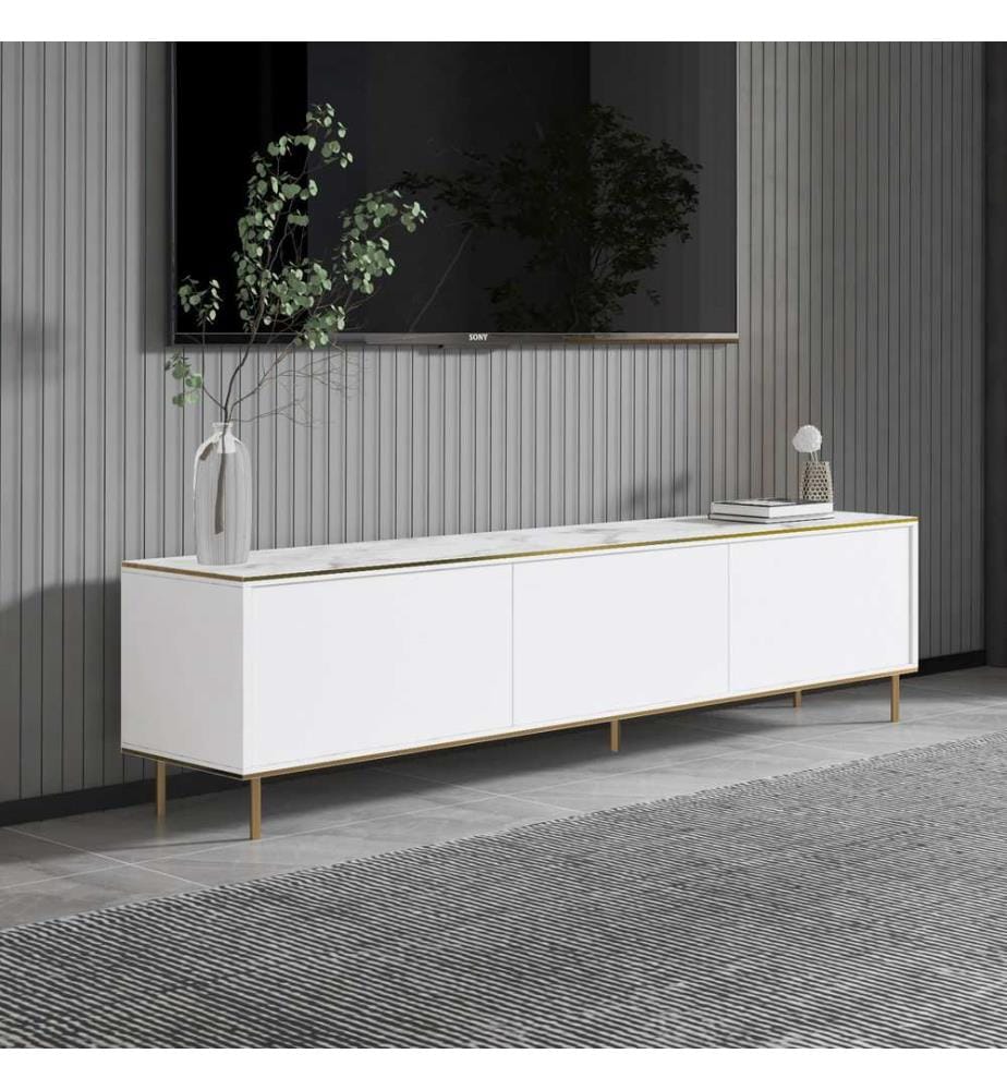 Meuble TV, Marbre blanc, Or, 100% Melamine Particle Coated Board