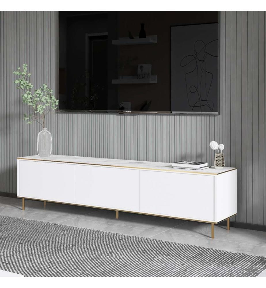 Meuble TV, Marbre blanc, Or, 100% Melamine Particle Coated Board