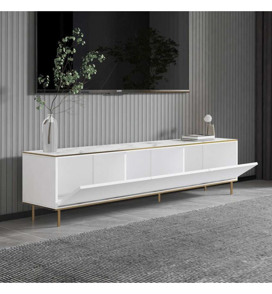 Meuble TV, Marbre blanc, Or, 100% Melamine Particle Coated Board
