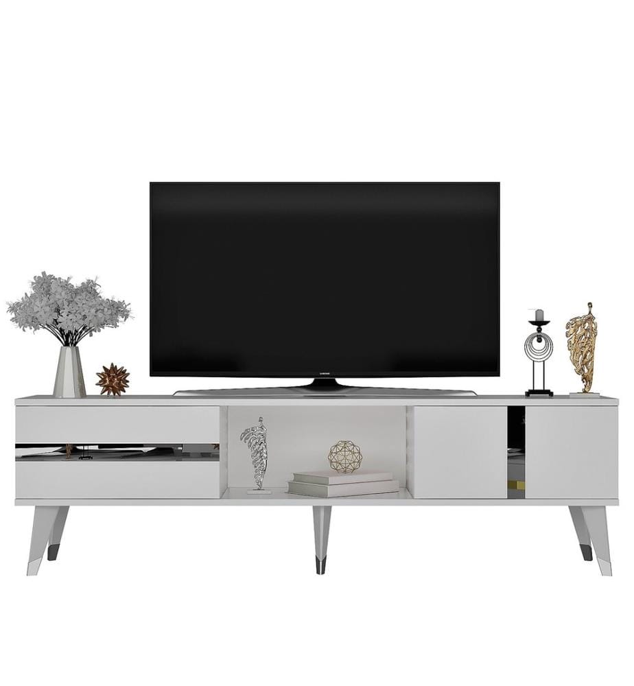 Meuble TV, Blanc, Argent, Panneau de particules mélaminé