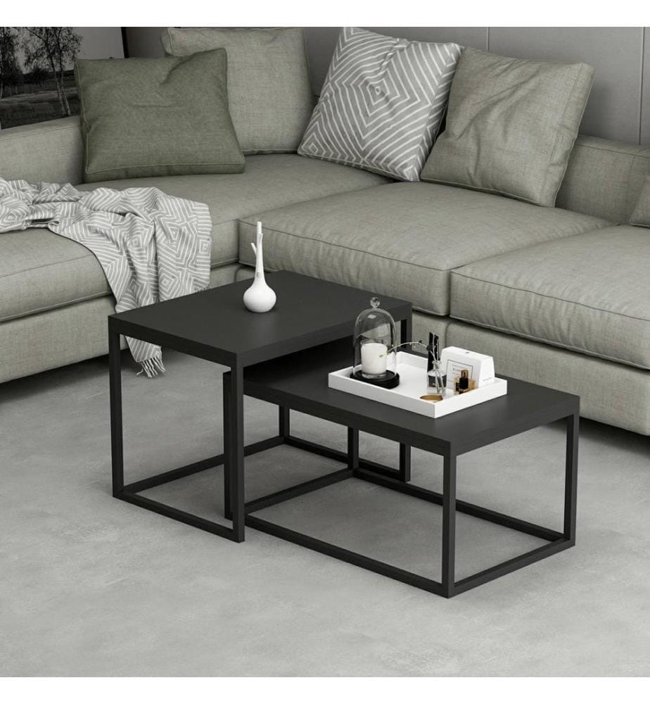 Table gigogne , 2 Pièces, Noir, Panneau de particules mélaminé, Piétement métal