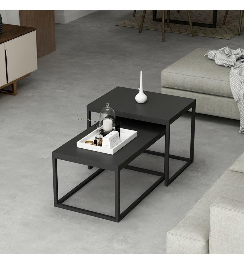 Table gigogne , 2 Pièces, Noir, Panneau de particules mélaminé, Piétement métal