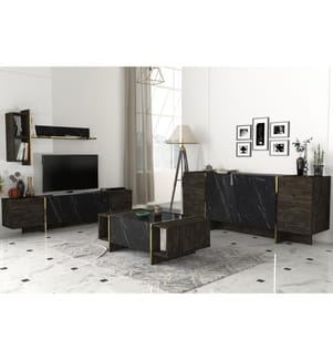 Set Di Mobili Per Soggiorno, Nero Oro, Piastra Di Particelle Rivestita A Melamina