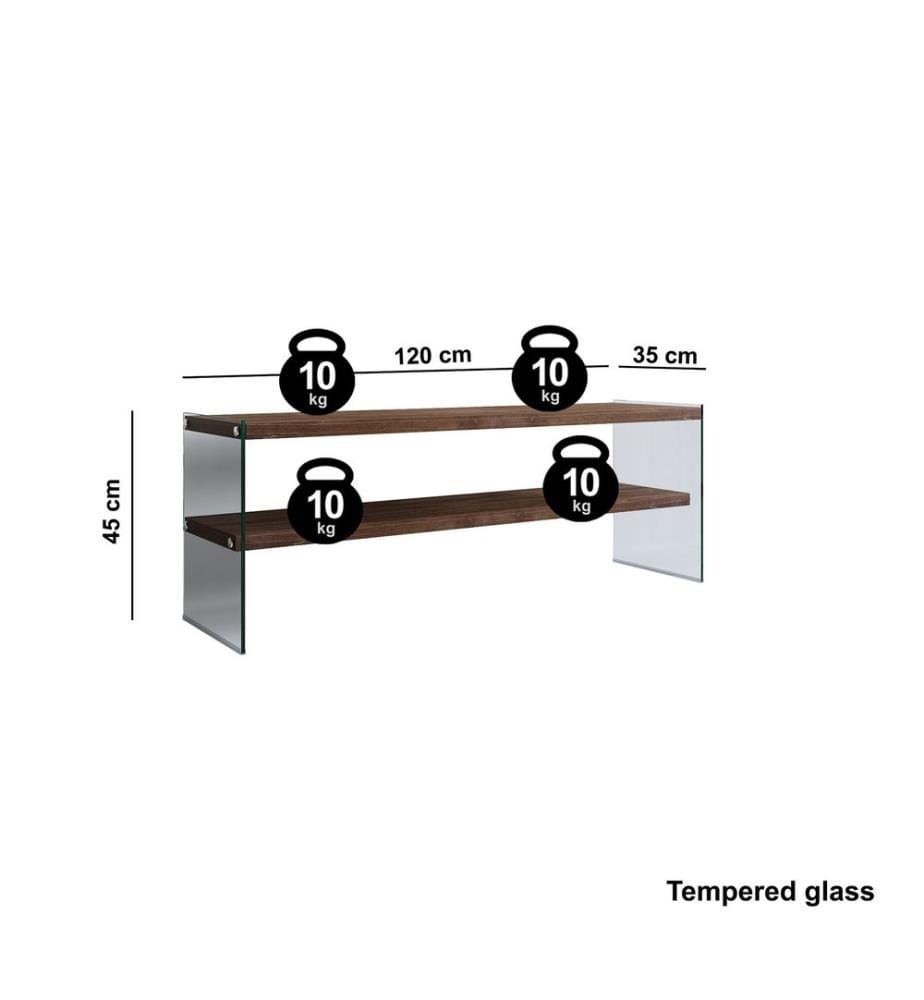 TV Stand, Walnut, Pine Solid Wood, Frame: Tempered Glass
