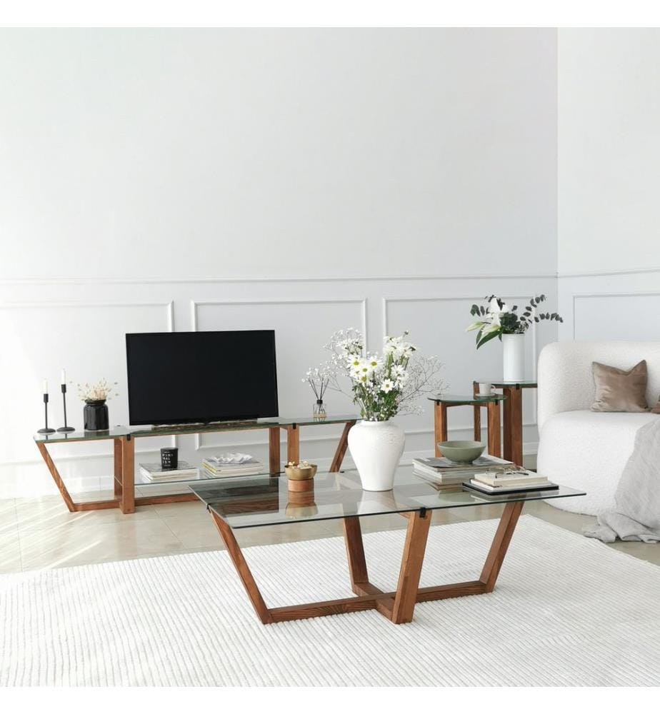 Nussbaumfarbe, Couchtische, 35X105X65 cm, Getempertes Glas