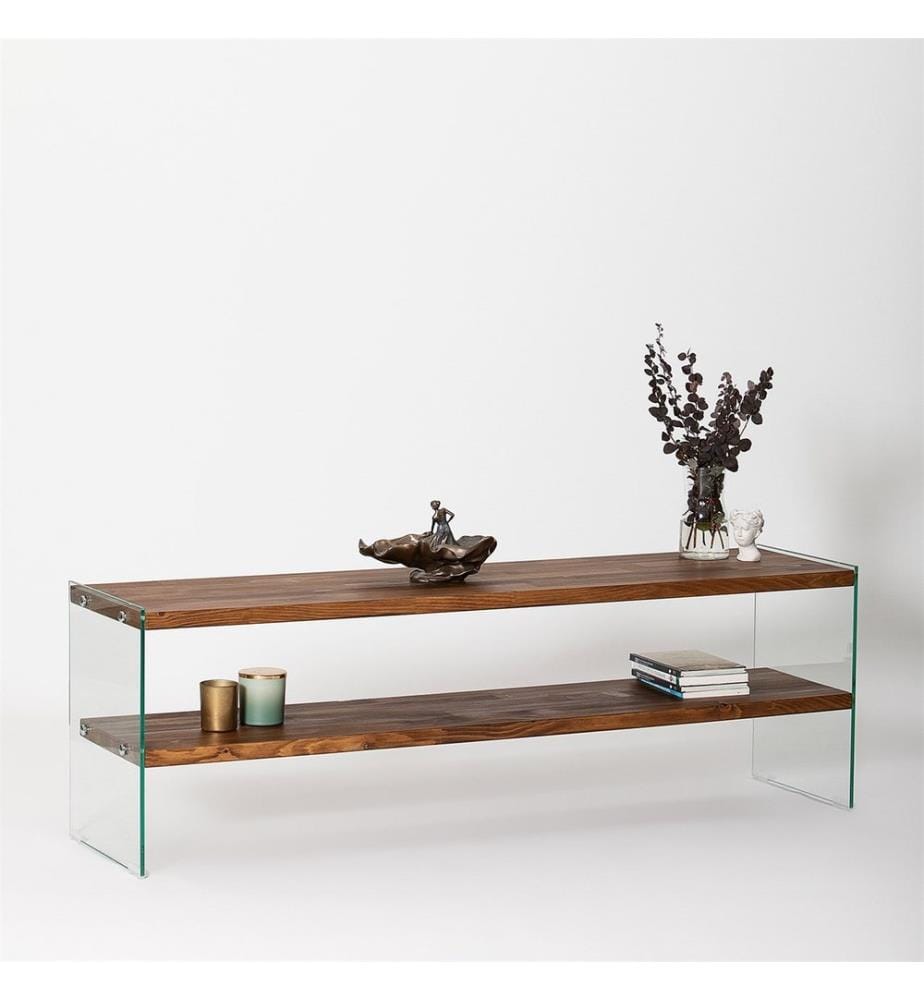 TV-Ständer, Natur, gehärtetes Glas, Rahmen: Massivholz
