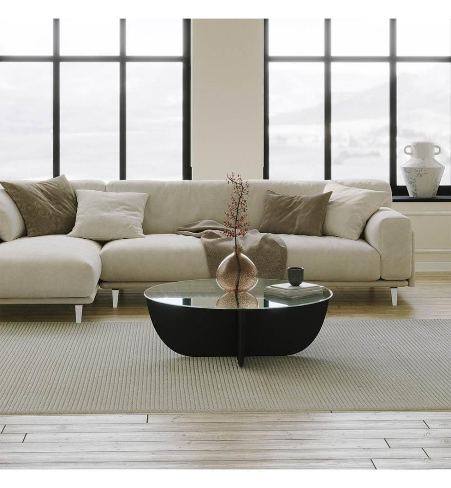 Table basse, Noir, Verre trempé, Piétement : Panneau de particules mélaminé