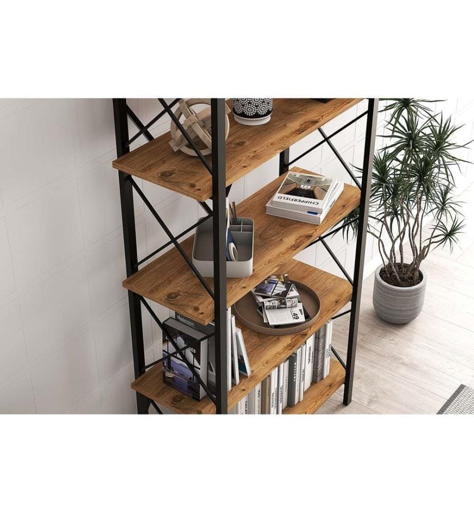 Bücherregal, Nussbaum, Schwarz, Melaminbeschichtete Spanplatte, Metallrahmen