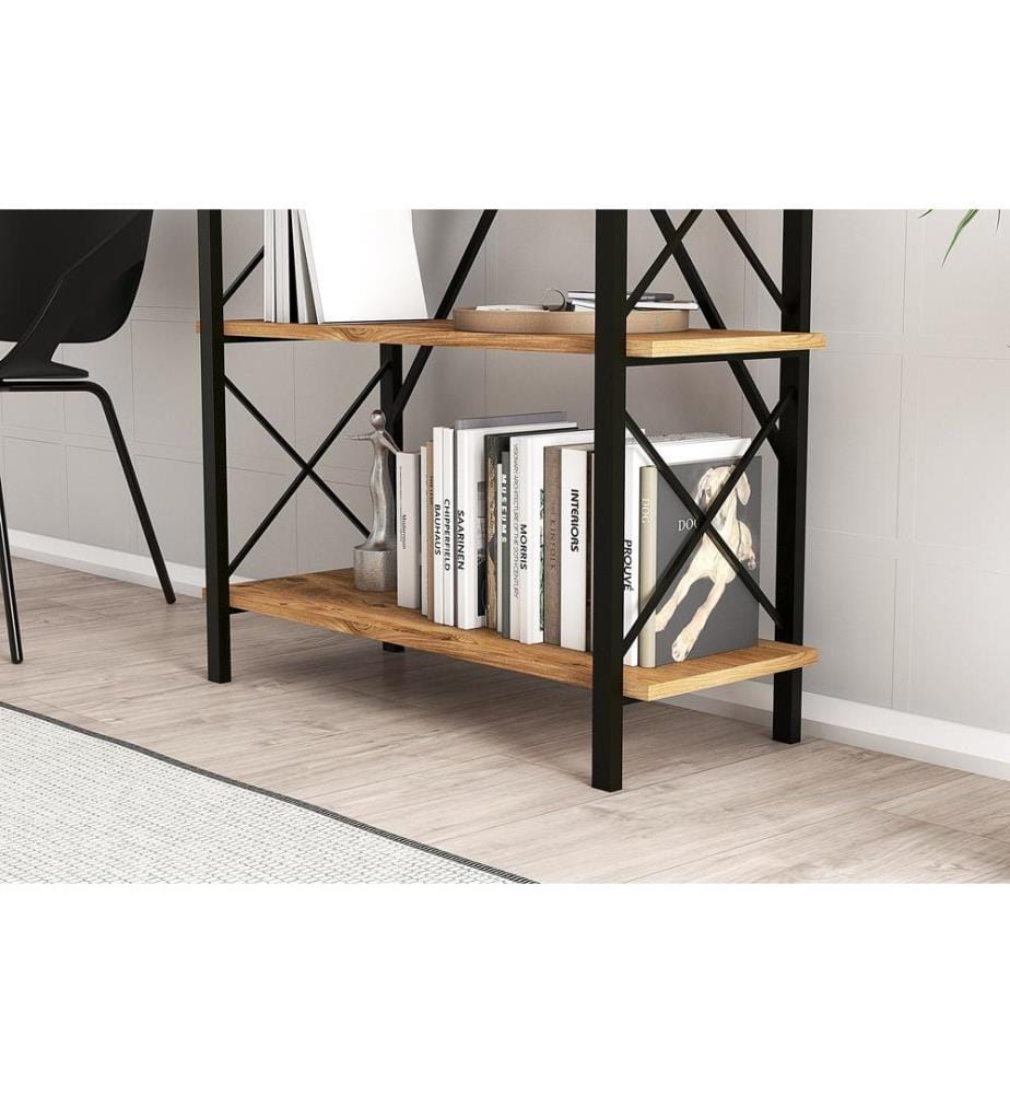 Bücherregal, Nussbaum, Schwarz, Melaminbeschichtete Spanplatte, Metallrahmen