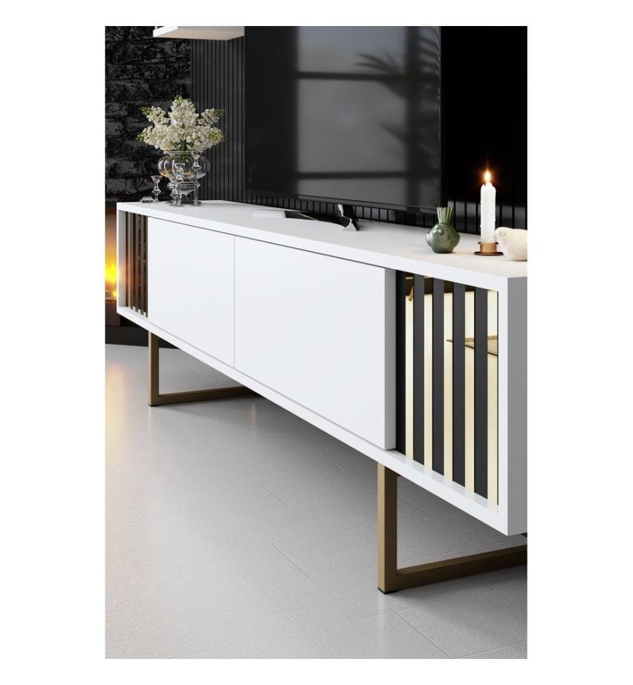 Meuble TV, Blanc, Noir, Panneau de particules mélaminé, Pieds en métal