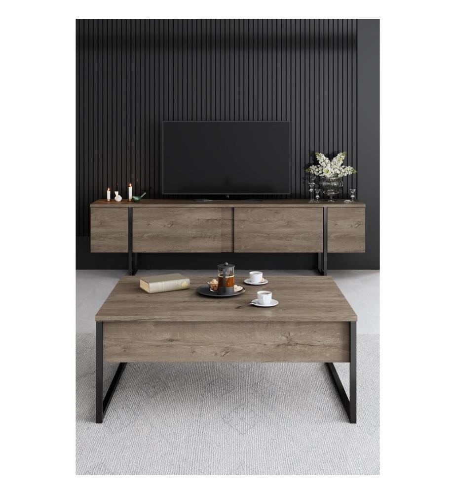 Wohnzimmermöbel-Set, Nussbaum, Schwarz, Melaminharzbeschichtete Spanplatte, Metallbeine