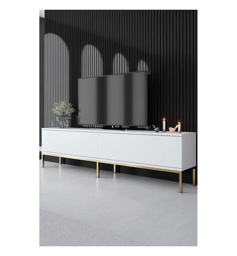 TV-Ständer, Weiss, Gold, Melaminharzbeschichtete Spanplatte, Metallbeine