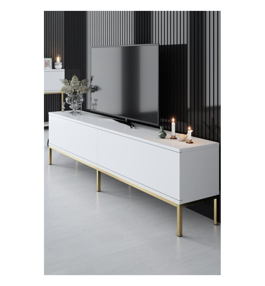 TV-Ständer, Weiss, Gold, Melaminharzbeschichtete Spanplatte, Metallbeine