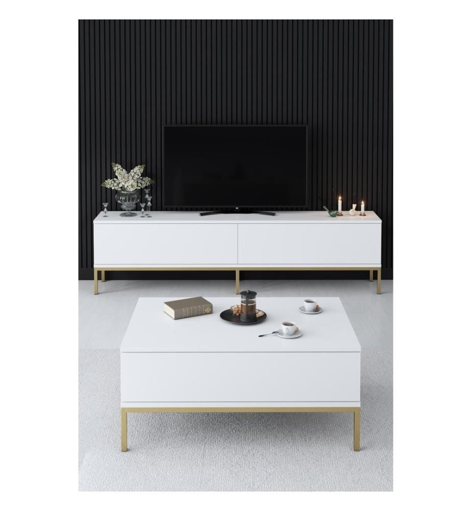 TV-Ständer, Weiss, Gold, Melaminharzbeschichtete Spanplatte, Metallbeine