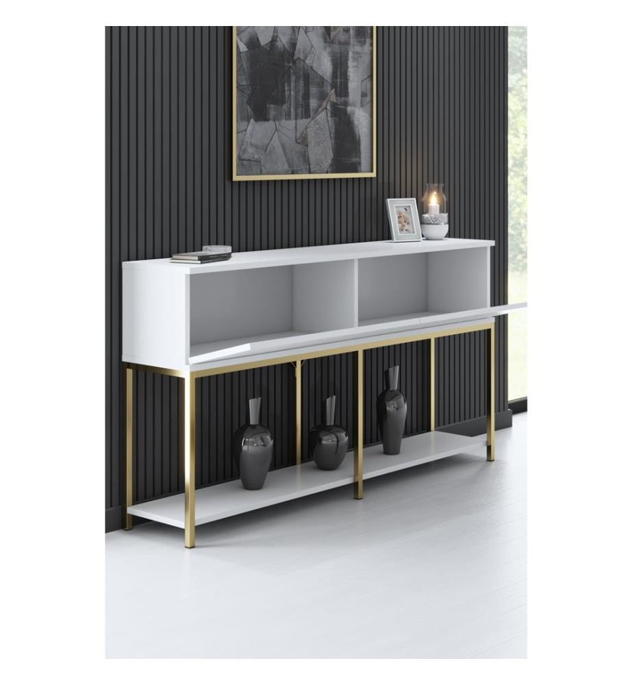 Console, White, Gold, Melamine Coated Particle Board, Metal Legs