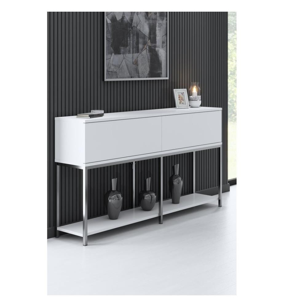 Console, blanc, argent, panneau de particules mélaminé, pieds en métal