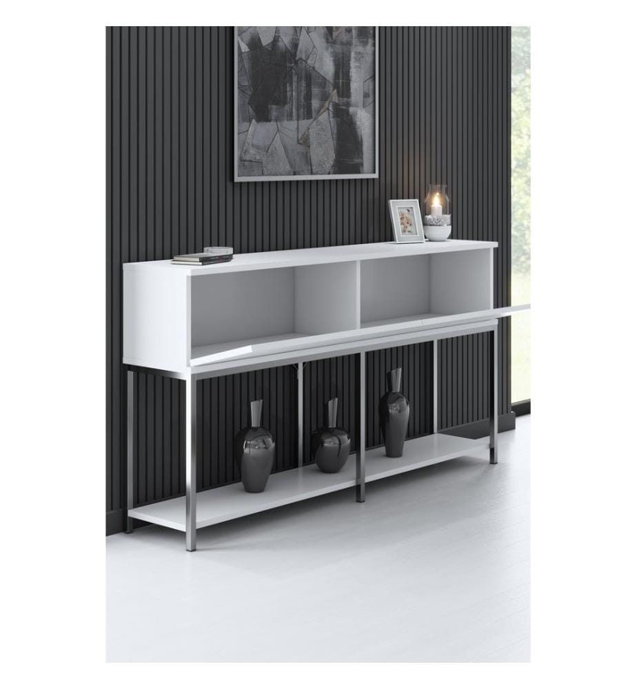 Console, blanc, argent, panneau de particules mélaminé, pieds en métal