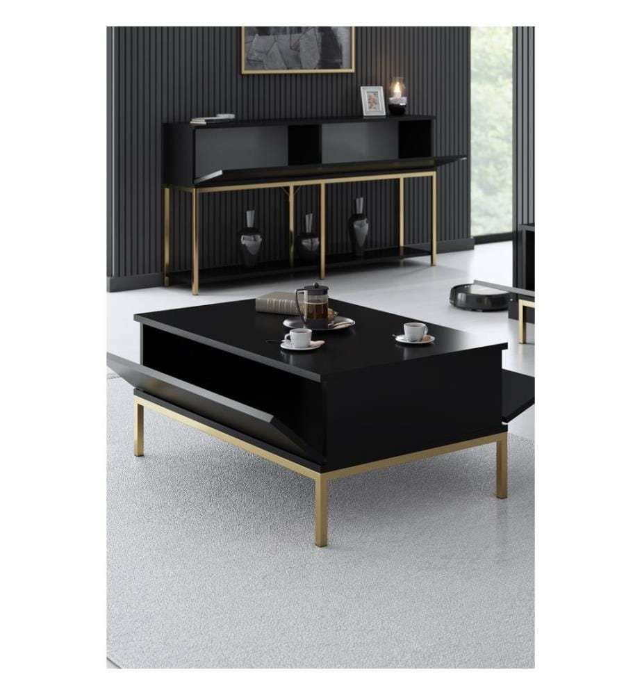 Table basse, Noir, Or, Panneau de particules mélaminé, Pieds en métal