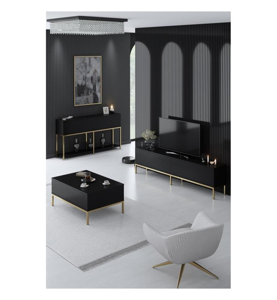 Wohnzimmermöbel-Set, Schwarz, Gold, Melaminbeschichtete Spanplatte, Metallbeine