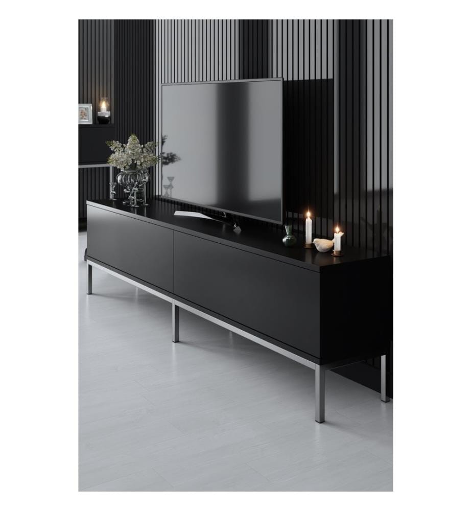 TV-Ständer, Schwarz, Silber, Melaminharzbeschichtete Spanplatte, Metallbeine