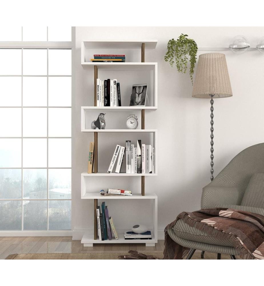 Weiss,Nussbaumfarbe, Bücherregale, 165X60X19,5 cm, Melaminbeschichtete Partikelplatte