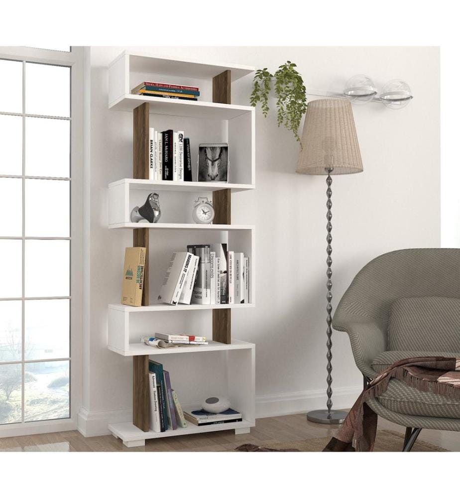 Weiss,Nussbaumfarbe, Bücherregale, 165X60X19,5 cm, Melaminbeschichtete Partikelplatte