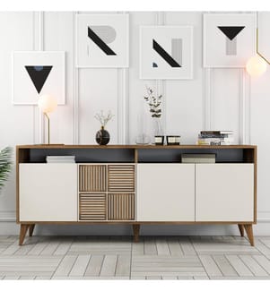 Colore In Noce, Crema, Casse Di Cassetti, 78.6X180X35 cm, Piastra Di Particelle Rivestita Con Melamina