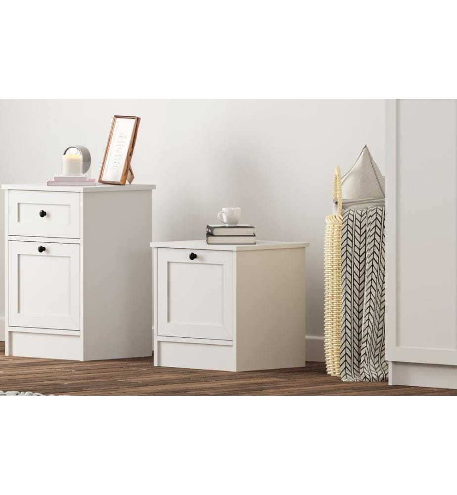 Table de nuit, blanc mat, 100 % panneau de particules de qualité E1 revêtu de mélamine