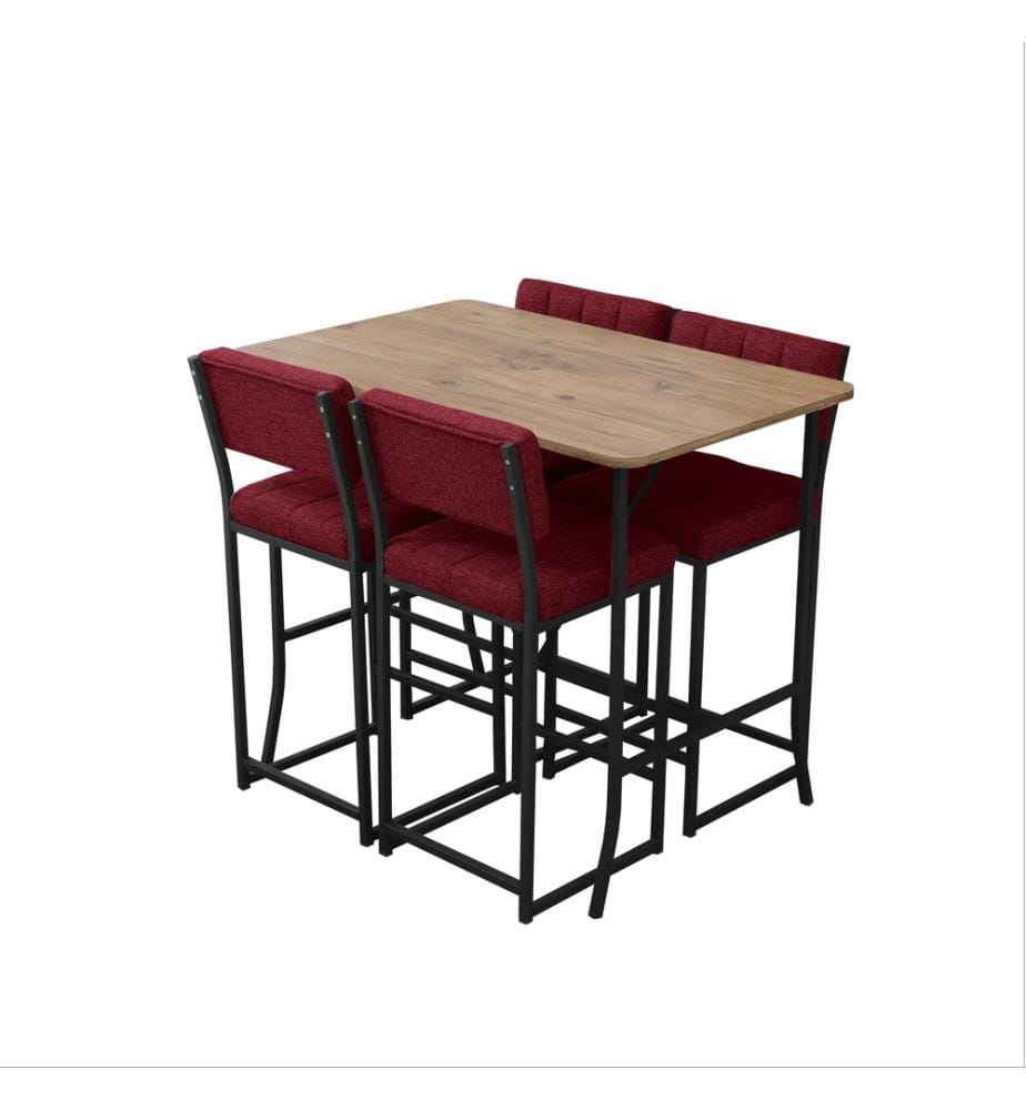 Bartisch- und Hocker-Set, 5-teilig, Burgunderrot, Walnuss, 100 % melaminbeschichtete Spanplatte