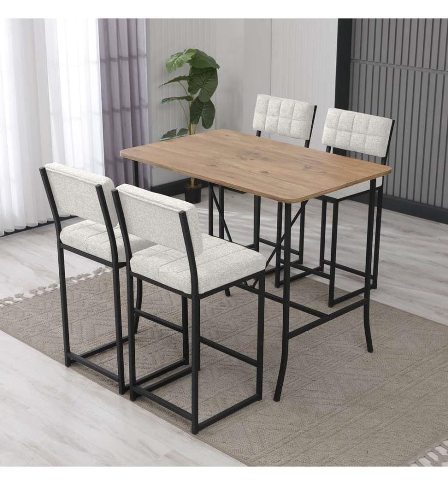 Bartisch- und Hocker-Set, 5-teilig, Creme, Walnuss, 100 % melaminbeschichtete Spanplatte