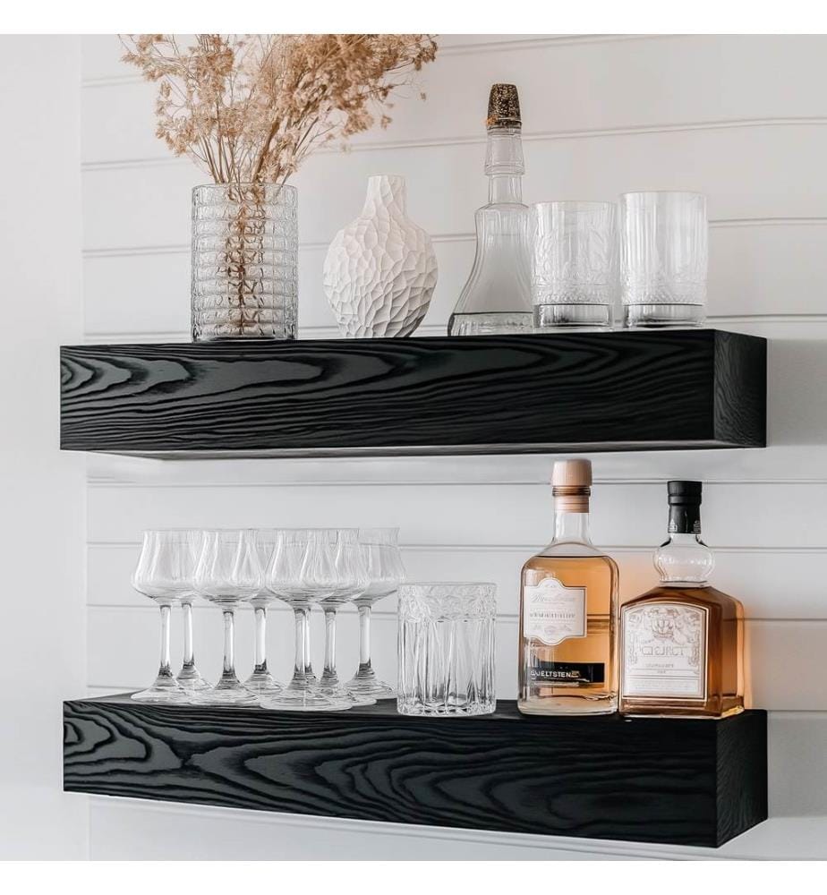 Dekoratives Wandregal aus Holz, schwarz, 100 % Massivholz