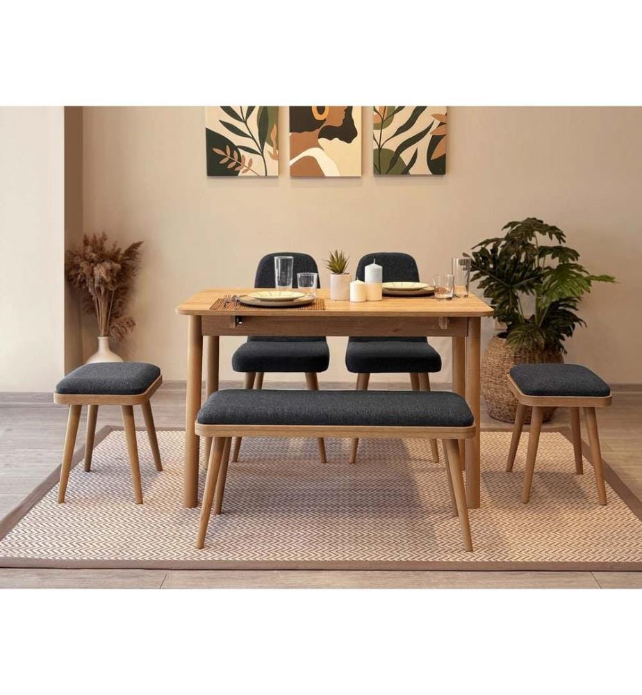 Table de salle à manger extensible avec chaises, 6 pièces, chêne, anthracite, 100 % panneau de particules mélaminé