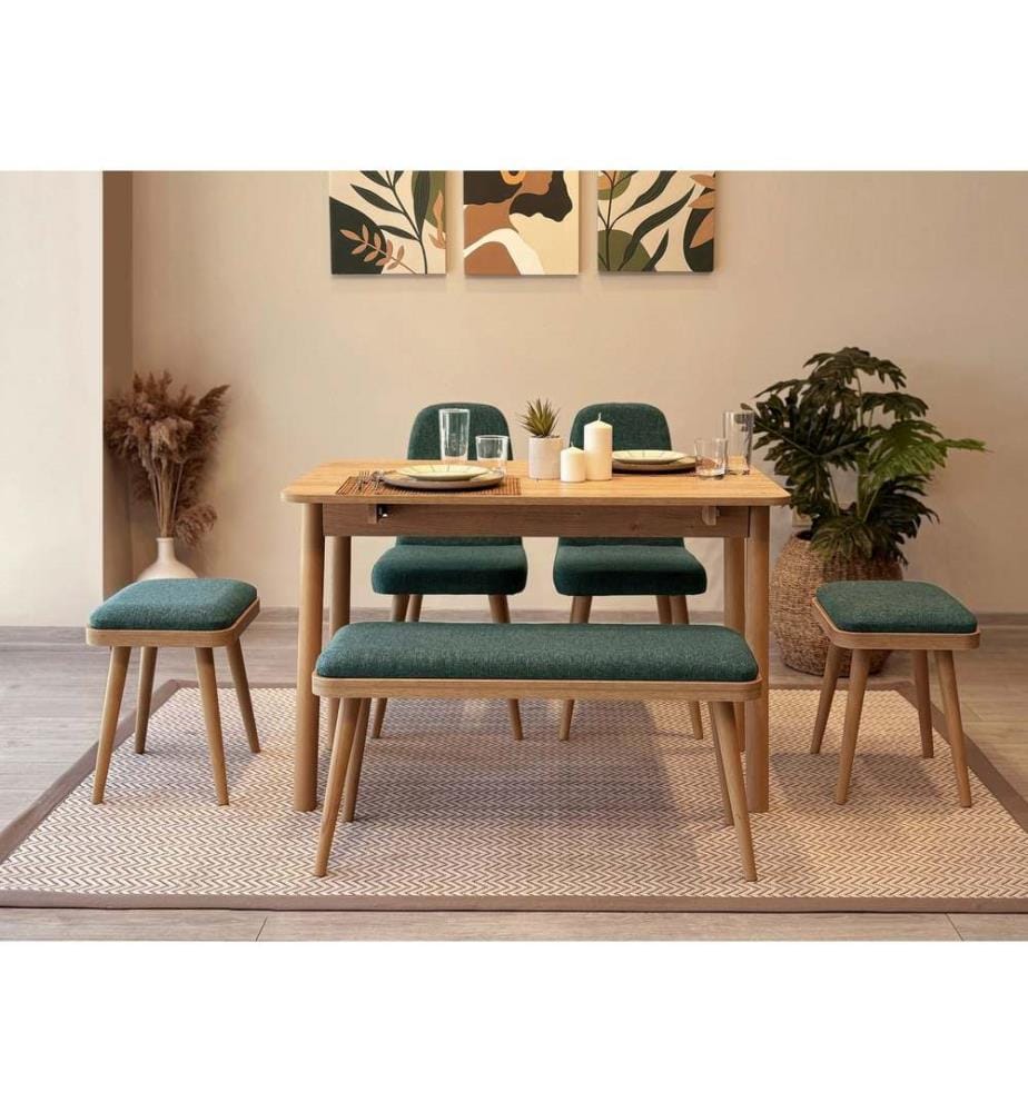 Table de salle à manger extensible avec chaises, 6 pièces, chêne, vert, 100 % panneau de particules mélaminé