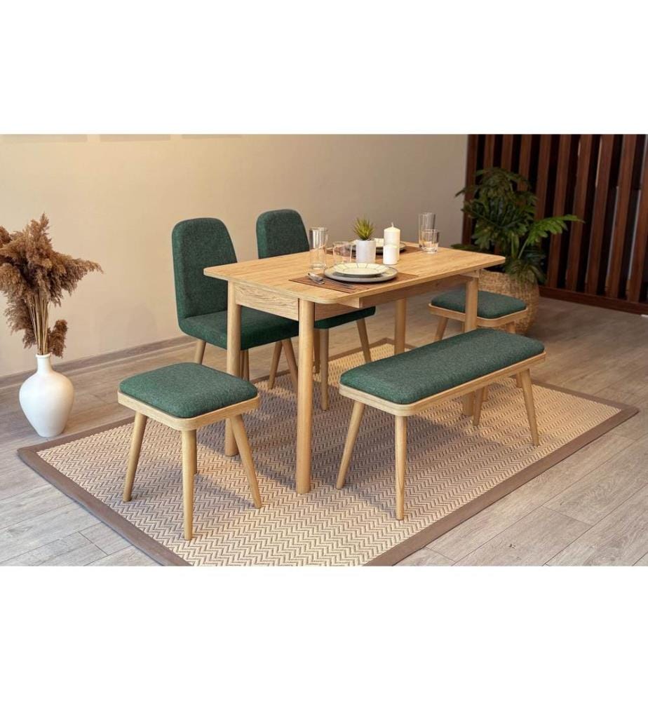 Table de salle à manger extensible avec chaises, 6 pièces, chêne, vert, 100 % panneau de particules mélaminé
