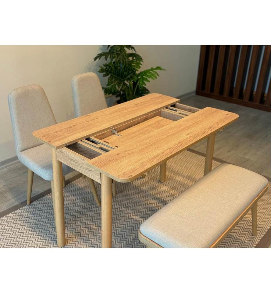 Table de salle à manger extensible avec chaises, 4 pièces, Chêne, Crème, 100 % panneau de particules mélaminé