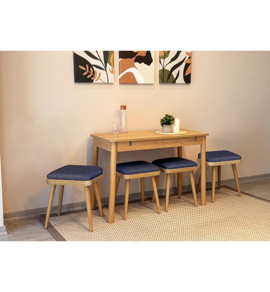 Extendable Dining Table & Chairs Set, 6 Pieces, Oak, Dark Blue, 100% MELAMINE COATED PARTICLE BOARD